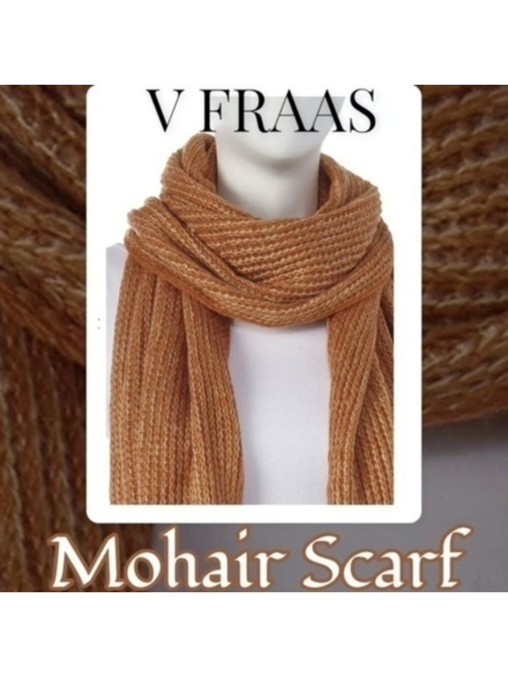 V FRAAS Soft Mohair Blend Fringed 14” x 88”Scarf/Neck Wrap-Tan Brick NWT